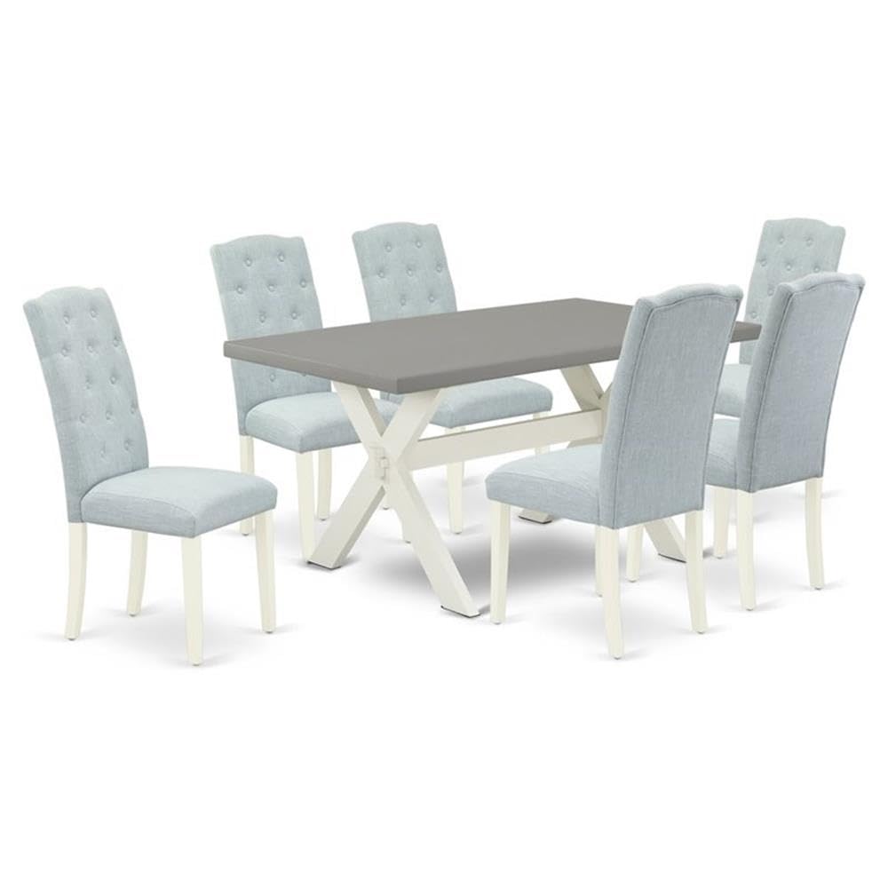 East West Furniture X096Ce215-7 7 Piece Dining Table Set Consist Of A Rectangle Dining Room Table With X-Legs And 6 Baby Blue Linen Fabric Upholstered Chairs, 36X60 Inch, Multi-Color